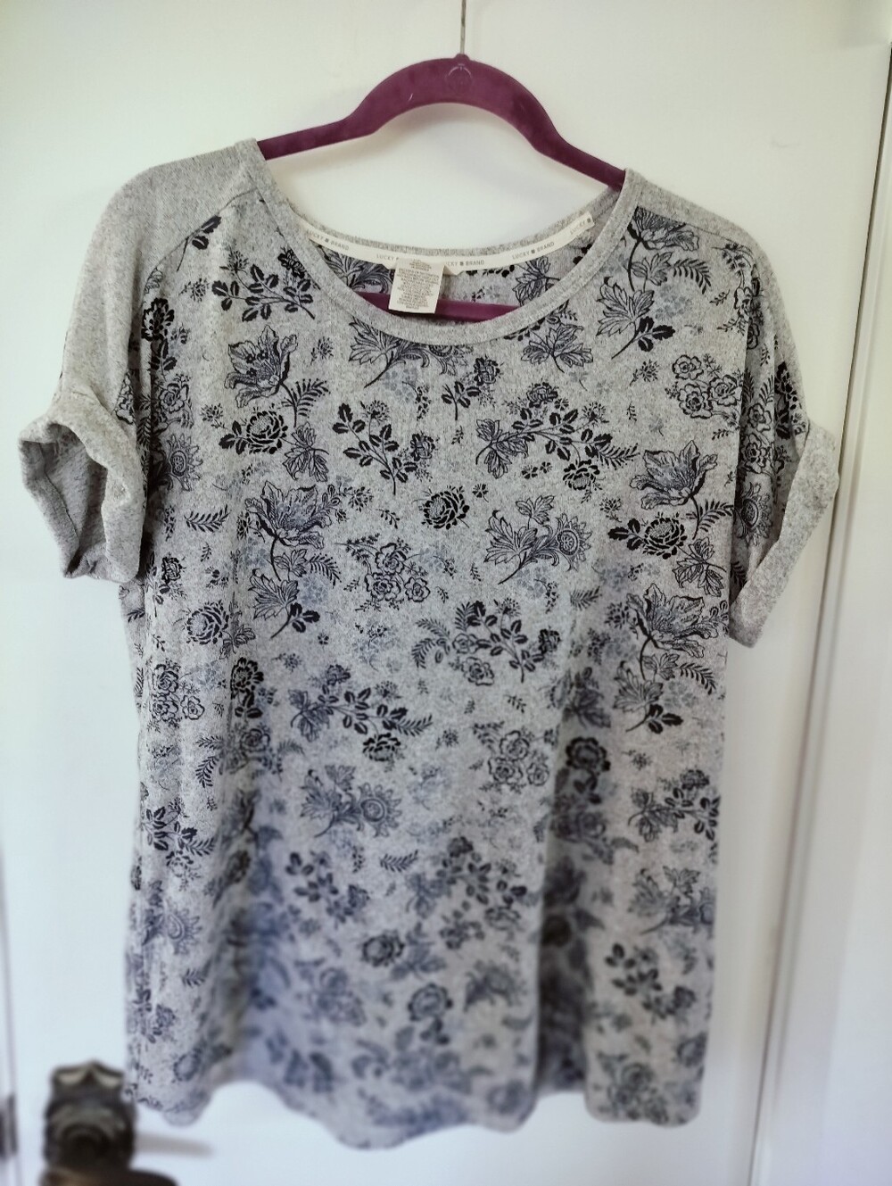 Lucky Brand Blue Floral Dolman Tee XL Grey Cuffed Short Sleeve Knit Top